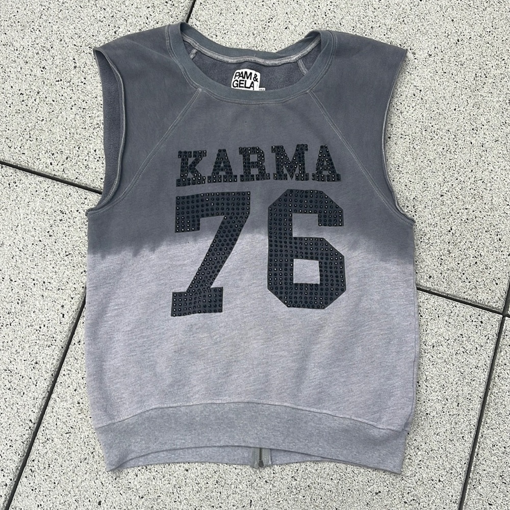 Pam & Gela dip dyed cut off rhinestone karma sleeveless sweatshirt.